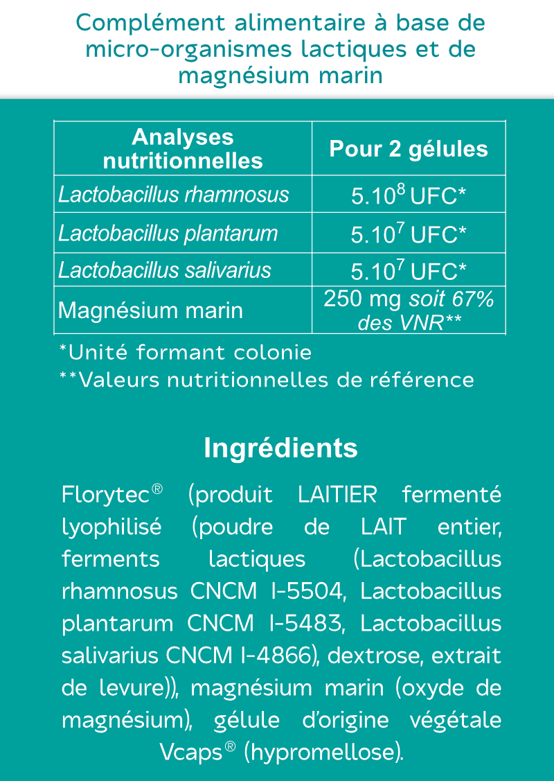 Le complément alimentaire complexe Mg-biotiques avec les probiotiques Lyoproform sont riches en magnésium marin