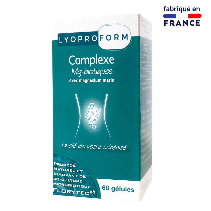 Complemento alimenticio complejo Lyoproform Mg-bióticos, una combinación de probióticos y magnesio marino 100% natural