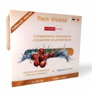 Compléments alimentaires associant probiotiques et ingrédients aux bénéfices reconnues : Acérola riche en vitamine C et magnésium marin. Action anti-fatigue et anti-stress, soutient l'équilibre de la flore intestinale.