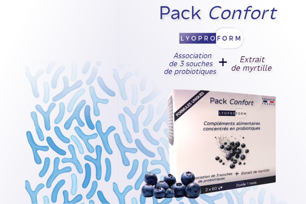 Le pack confort Lyoproform, des compléments alimentaires combinant extrait de myrtille et lactobacilles probiotiques pour votre confort digestif