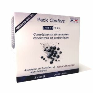 Le pack confort Lyoproform, des compléments alimentaires combinant extrait de myrtille et lactobacilles probiotiques pour votre confort digestif