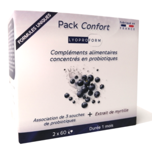 Le pack confort Lyoproform, des compléments alimentaires combinant extrait de myrtille et lactobacilles probiotiques pour votre confort digestif
