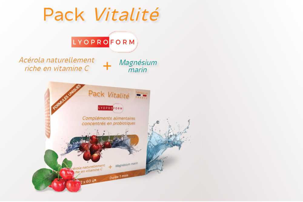 Le pack vitalité Lyoproform, des compléments alimentaires combinant Acérola, Magnésium marin et probiotiques pour votre confort digestif, immunité et détente
