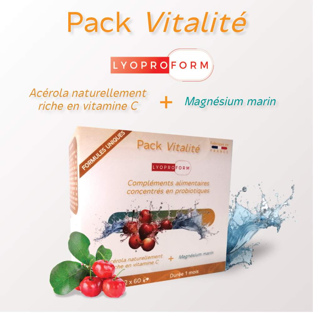 Le pack vitalité Lyoproform, des compléments alimentaires combinant Acérola, Magnésium marin et probiotiques pour votre confort digestif, immunité et détente.