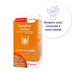 Lyoproform Complexe C-biotiques, association de l'ingrédient Florytec avec de l'acérola riche en vitamine C. Probiotiques Lyoproform avec acérola riche en vitamine C pour soutenir votre système immunitaire et maintenir votre équilibre digestif. Compléments alimentaires à base de lactobacillus rhamnosus CNCM I-5504, lactobacillus plantarum CNCM I-5483 et Lactobacillus salivarius CNCM I-4866